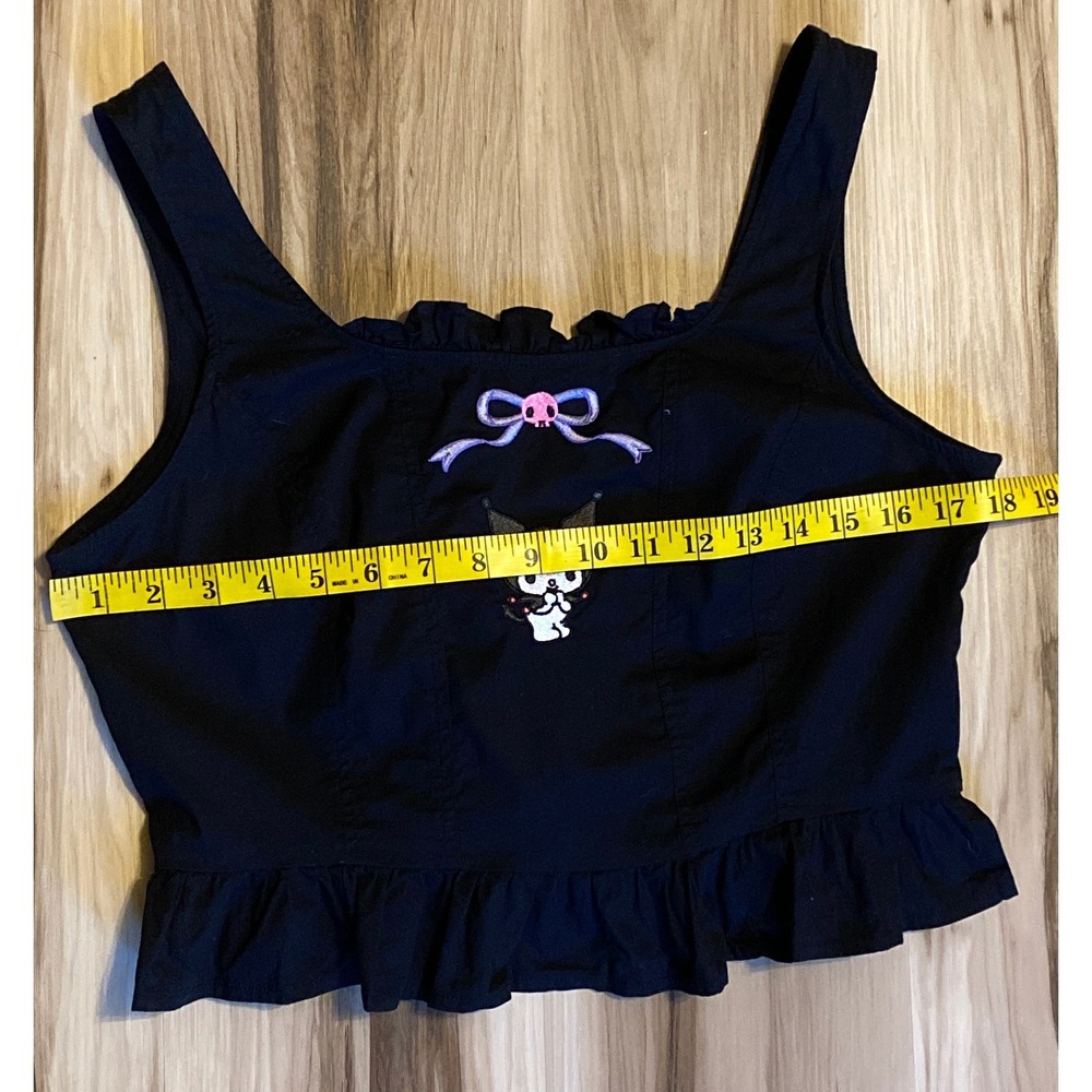 Sanrio Kuromi Embroidered Ruffle Crop Top Corset Black Lace Up Back Medium - Picture 3 of 10